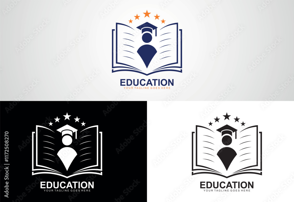 Fototapeta premium Education logo, open book, stylized human figure, graduation cap, stars, blue color scheme, minimalist design
