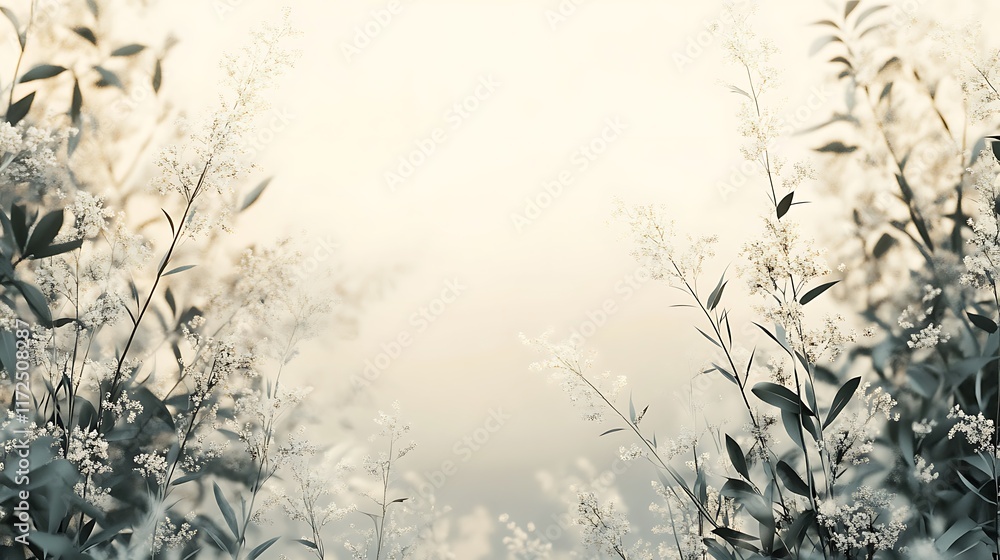 Fototapeta premium An elegant border design of wild meadow grasses and delicate leaves, arranged naturally with soft lighting, a blank center left open for text, subtle pastel tones for a calming aesthetic,