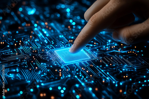 index human finger pressing on a light blue AI chip or processor, highlighting the integration of human interaction and advanced artificial intelligence technology. The design is sleek and futuristic photo