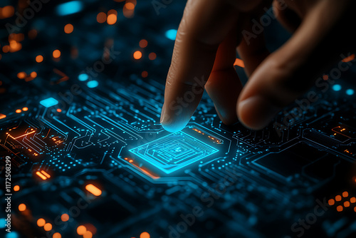 index human finger pressing on a light blue AI chip or processor, highlighting the integration of human interaction and advanced artificial intelligence technology. The design is sleek and futuristic photo