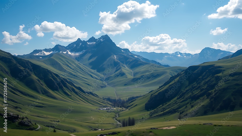 Scenic mountain valley landscape with lush green hills, a small village, and a majestic snow-capped peak under a vibrant blue sky dotted with fluffy white clouds. Scenic mountain valley landscape with lush green hills, a small village, and a majestic snow-capped peak under a vibrant blue sky dotted with fluffy white clouds.