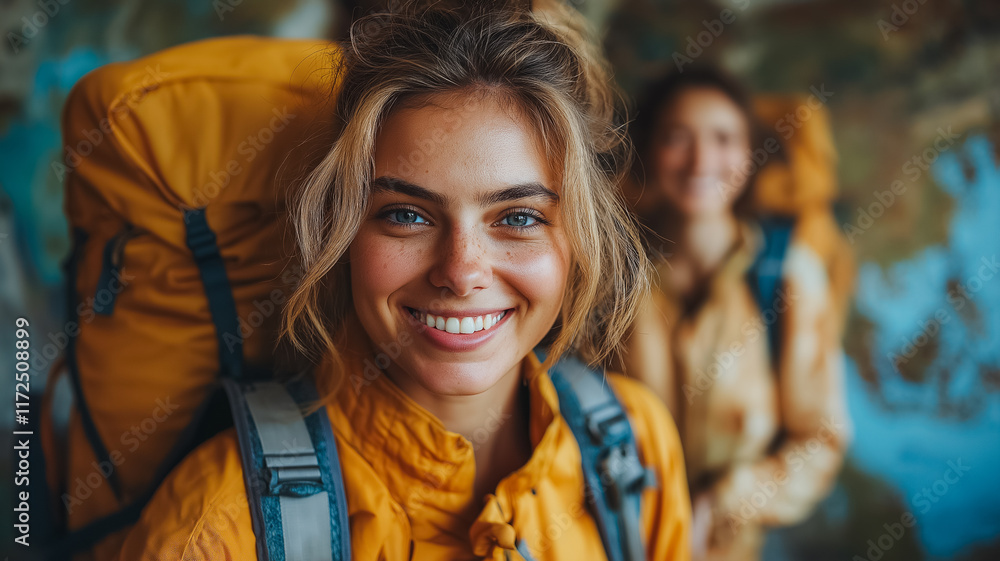 Adventurous Spirit: Smiling woman hiker with backpack Adventurous Spirit: Smiling woman hiker with backpack