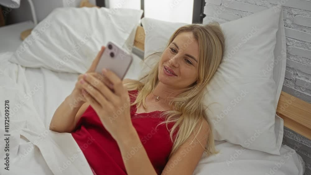 Woman relaxing in bed looking at smartphone, surrounded by pillows and blankets, in a cozy bedroom setting indicating a modern home interior ambiance. Woman relaxing in bed looking at smartphone, surrounded by pillows and blankets, in a cozy bedroom setting indicating a modern home interior ambiance.