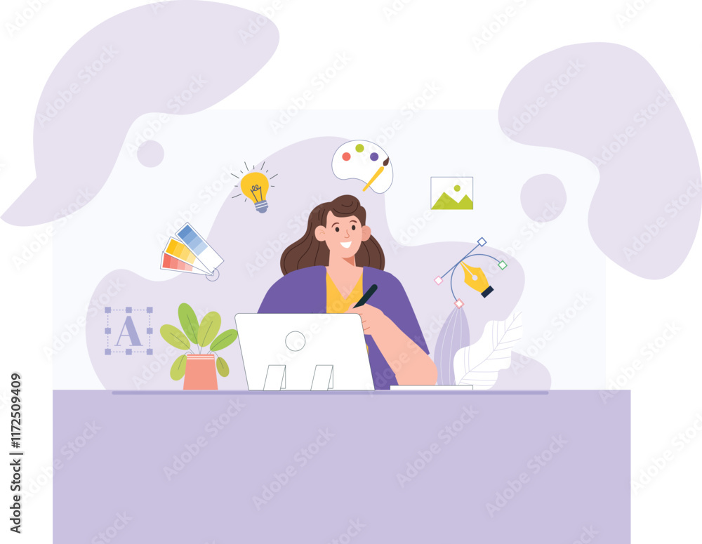 An illustration of a graphic designing workspace, featuring a clean and minimalist setup with a desk, computer, design tools, and a sketchpad, all set in a modern and organized environment that emphas An illustration of a graphic designing workspace, featuring a clean and minimalist setup with a desk, computer, design tools, and a sketchpad, all set in a modern and organized environment that emphas