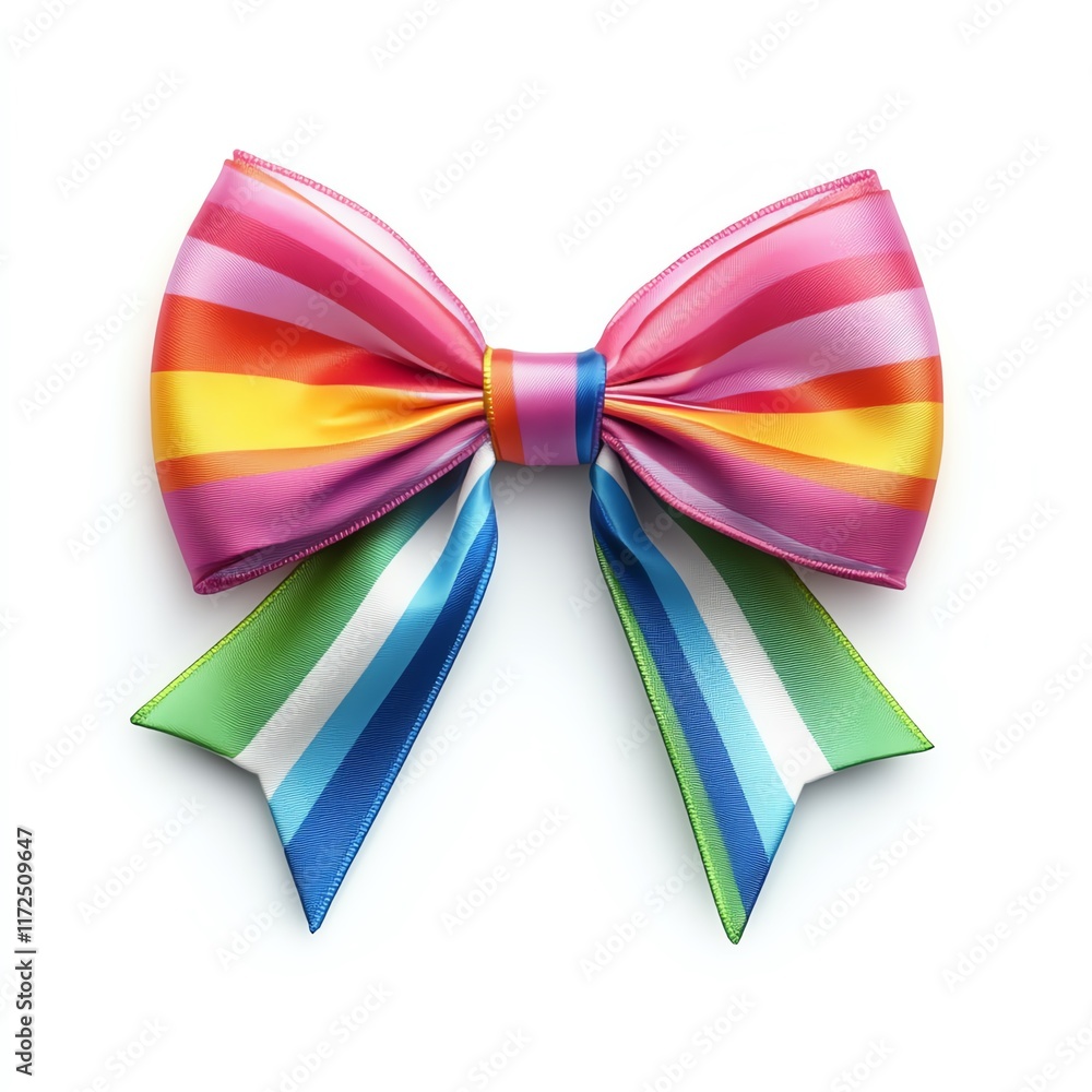 A vibrant, multicolored ribbon bow featuring stripes of pink, yellow, orange, and green, perfect for decorations or fashion accessories. A vibrant, multicolored ribbon bow featuring stripes of pink, yellow, orange, and green, perfect for decorations or fashion accessories.