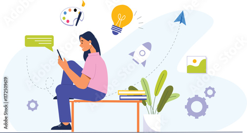 An innovative ideas and creative thinking illustration for educational projects, featuring a brainstorming session with diverse students, lightbulb icons, mind maps