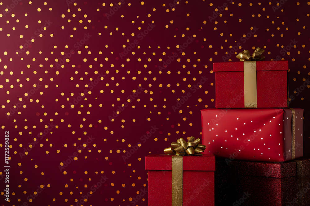 Stack of Christmas Gift Boxes with Gold Wrapping on Festive Red Background