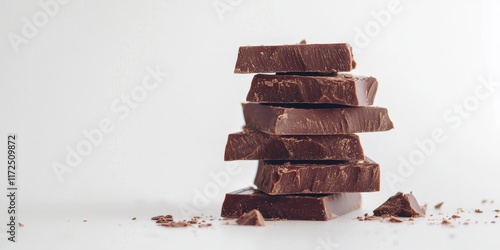 Close up of a stack of delicious chocolate pieces isolated on a white background, showcasing the rich texture and tempting appearance of chocolate pieces for dessert lovers.