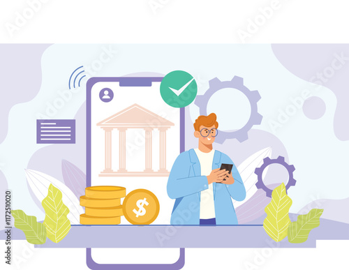 A mobile banking illustration showcasing a secure payment concept, with a user making a transaction on a smartphone, featuring encryption icons