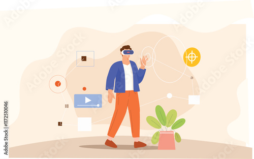 An immersive virtual reality experience illustration featuring a user wearing VR goggles, interacting with vibrant 2D graphics and digital environments