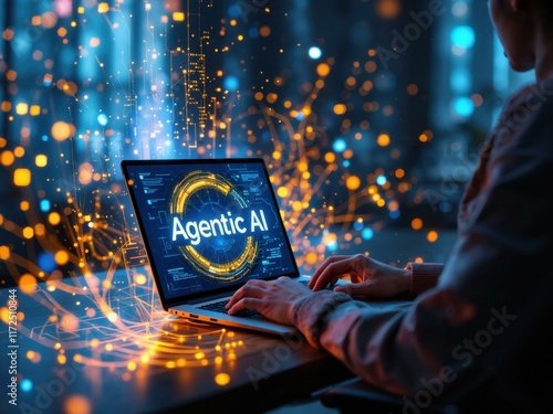 Person Using Laptop With Agentic AI Display, Showing Dark Blue Glowing Interface And Network Style Data Connections, AI Agents Technology Concept