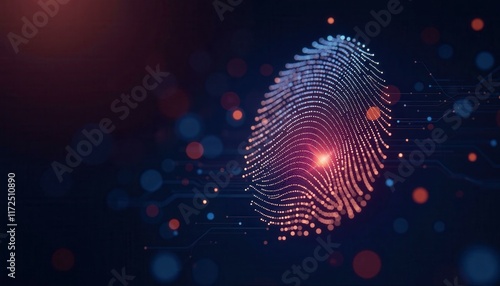 Digital fingerprint with glowing particles depicting security identification and biometric technology, futuristic digital interface and personal access control systems