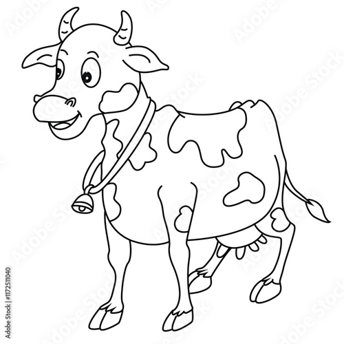 Cute cartoon hand drawn vector funny cow outline coloring page.