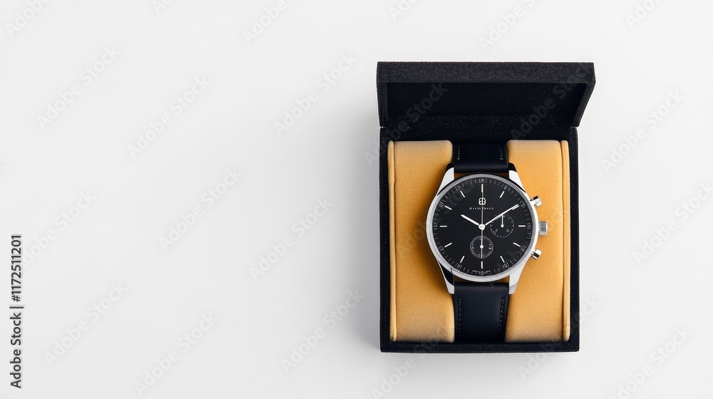 Elegant Black Watch in Presentation Box, Ideal for Gift-Giving or Personal Use, Featuring Sophisticated Design and Premium Quality Leather Strap on a Minimalist Background Elegant Black Watch in Presentation Box, Ideal for Gift-Giving or Personal Use, Featuring Sophisticated Design and Premium Quality Leather Strap on a Minimalist Background