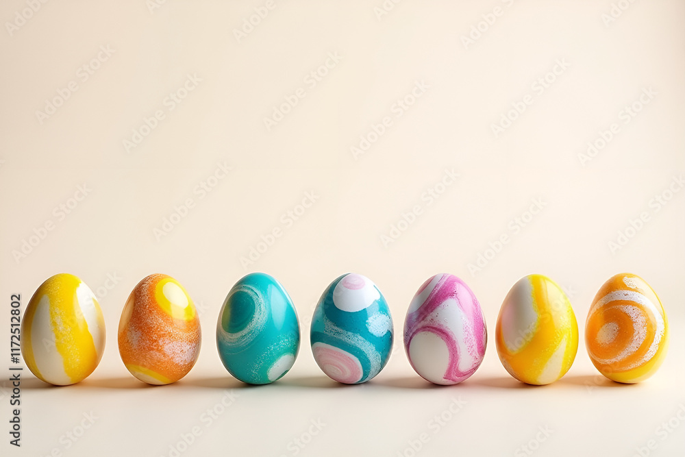 Marbled easter eggs in vibrant colors arranged in a row against a light neutral background for festive decoration concepts Marbled easter eggs in vibrant colors arranged in a row against a light neutral background for festive decoration concepts