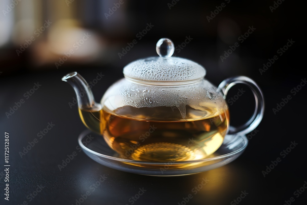A transparent teapot filled with tea, isolated on a black background A transparent teapot filled with tea, isolated on a black background