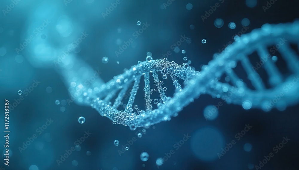 Close up of a Blue DNA molecule with bubbles, illustrating genetics, technology, and the scientific process, with a vibrant and futuristic appeal. Close up of a Blue DNA molecule with bubbles, illustrating genetics, technology, and the scientific process, with a vibrant and futuristic appeal.