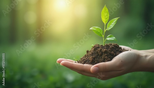 Wallpaper Mural Hands gently cradling a small seedling growing from soil, symbolizing new life and environmental care, with a soft, blurry green background Torontodigital.ca