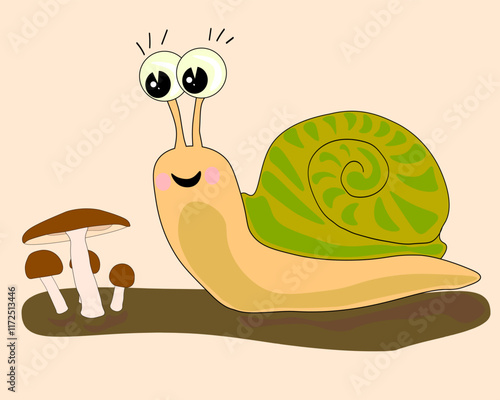 A cartoon snail is sitting on a mushroom. The snail is smiling and has big eyes. The mushroom is brown and is next to the snail