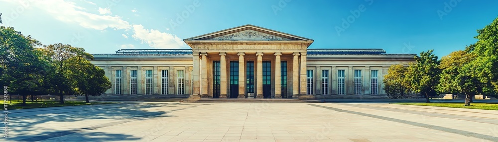 Grand building with columns and a clear blue sky, surrounded by trees. Grand building with columns and a clear blue sky, surrounded by trees.