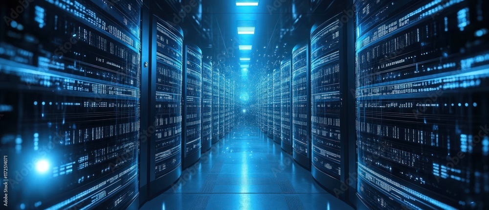 Data center server room with glowing digital information. Data center server room with glowing digital information.