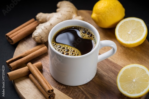 An isolated shot of a black coffee with turmeric, cinnamon, ginger, lemon