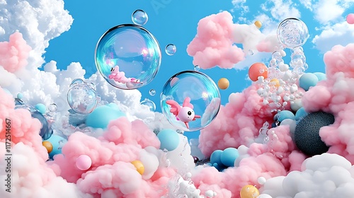 Pink Koi Fish Bubbles in a Dreamlike 3D Rendered Cloudscape AI Generated photo