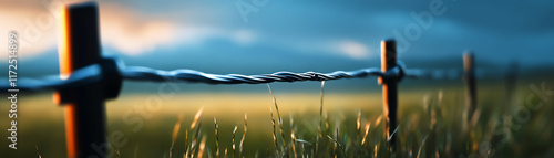 A serene landscape featuring a rustic fence amidst lush green grass under a dramatic sky at dawn or dusk. photo