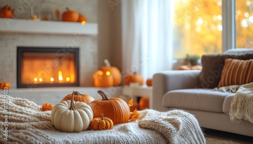Cozy Autumn Living Room with Pumpkins Fireplace and Knit Blanket