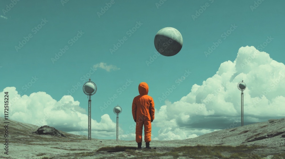 Surreal landscape with astronaut, floating spheres, and alien structures. Surreal landscape with astronaut, floating spheres, and alien structures.