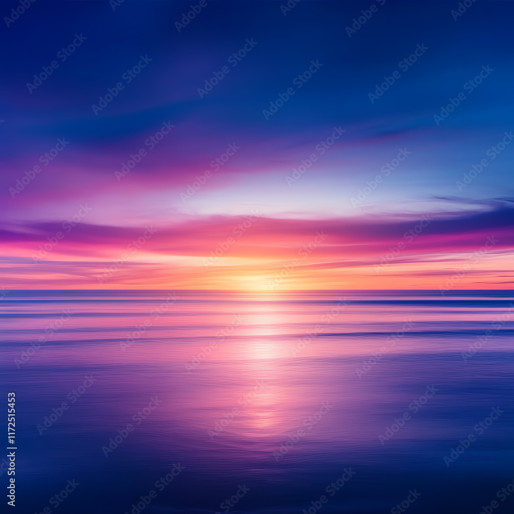 Obraz premium A serene sunset over calm waters, featuring vibrant hues of purple and pink reflecting on the surface, offering a sense of tranquility.