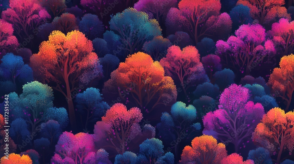 Obraz premium Vibrant, colorful, stylized forest illustration.