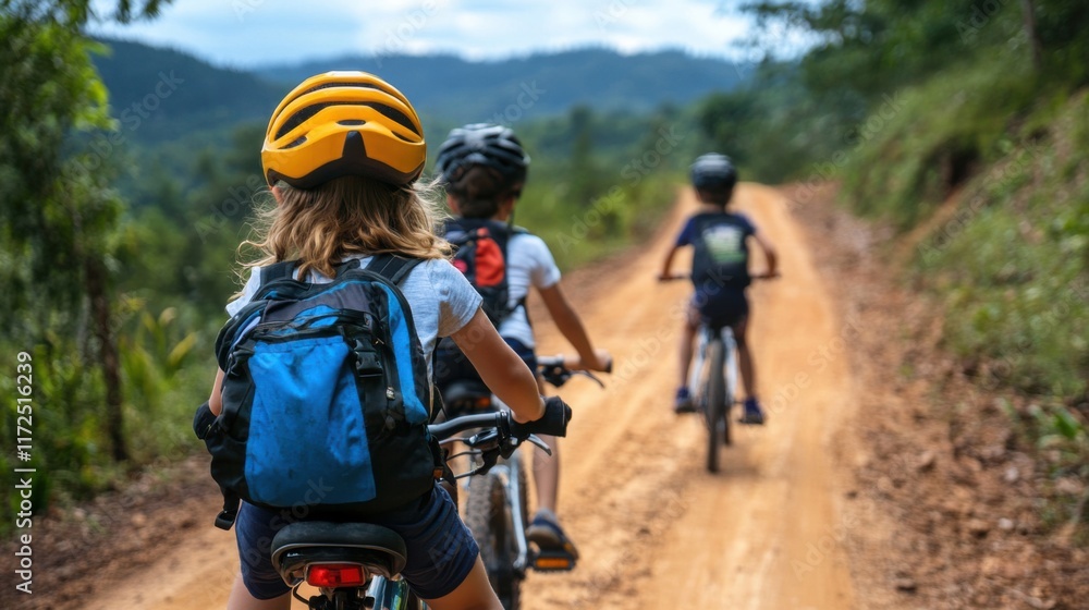 Children Riding Bicycles on Dirt Path Through Scenic Green Landscape in Summer Day Adventure Children Riding Bicycles on Dirt Path Through Scenic Green Landscape in Summer Day Adventure