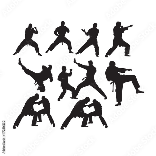 A print of two black silhouettes depicting karate fighters executing,Vector IllustrationKarate 