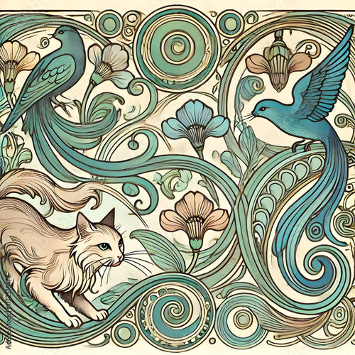 Art Nouveau-inspired design with whimsical cats and birds in flowing floral patterns photo