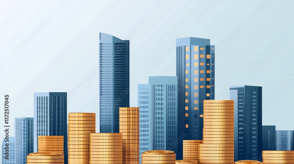 Obraz premium Abstract business background with modern skyscrapers, financial growth, and stacked coins symbolizing investment, wealth, and corporate finance in a dynamic urban setting.