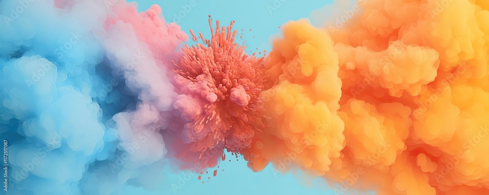 Fototapeta premium Splash abstract background idea. A vibrant explosion of colorful smoke against a blue background, creating dynamic visuals.