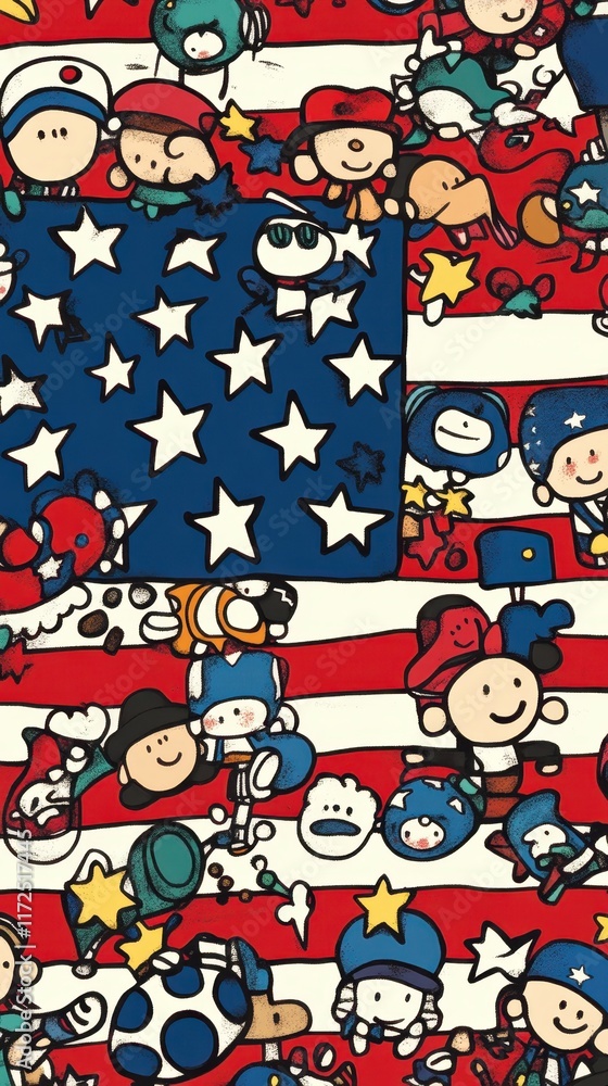 Fototapeta premium Cartoon Characters Celebrate American Flag With Stars