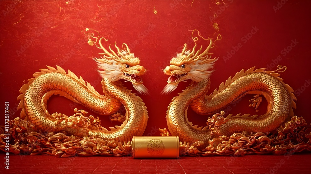 Obraz premium Golden Dragon Statue, a majestic symbol of Chinese culture, adorns the temple wall a mythical symbol of power and good fortune, swirling amongst delicate flowers and oriental ornaments
