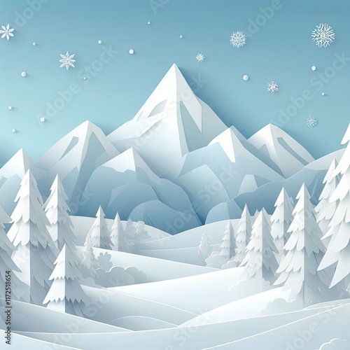 Paper craft style snowy forest with mountain in background during a sunny day
