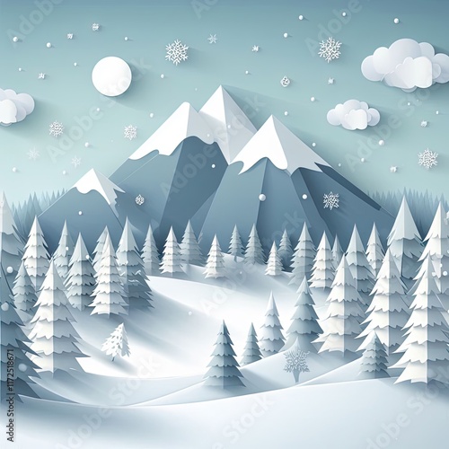 Paper craft style snowy forest with mountain in background during a sunny day