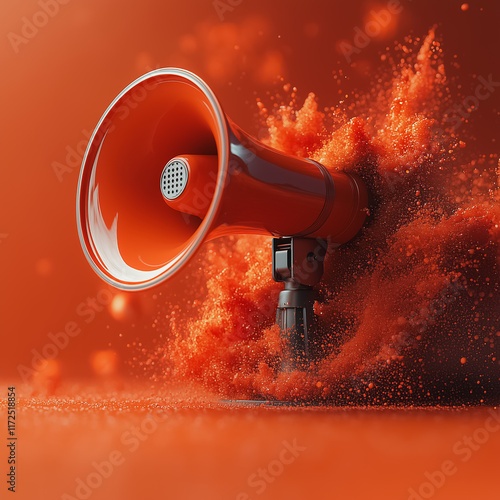 Orange Megaphone Explosion: A vibrant, stylized image of an orange megaphone erupting with an explosion of matching orange powder, creating a powerful visual metaphor for announcement, marketing. photo