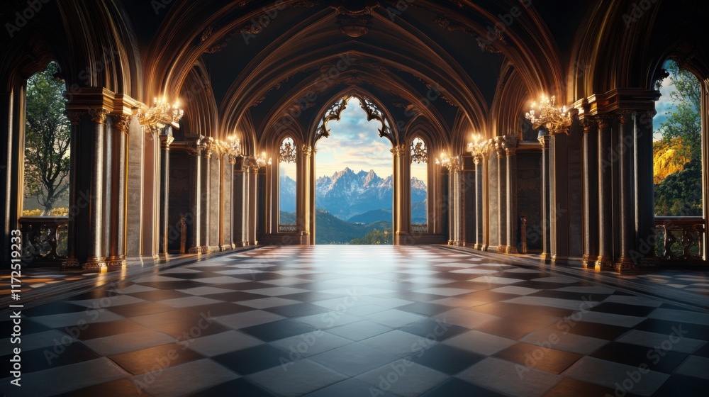 Fototapeta premium Majestic Gothic Hall with Chandelier Overlooking Serene Mountain Landscape at Dusk