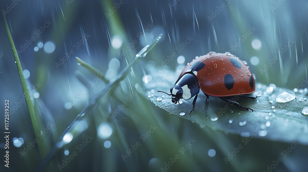 Obraz premium Close up of ladybug on dew covered leaf in rainy weather