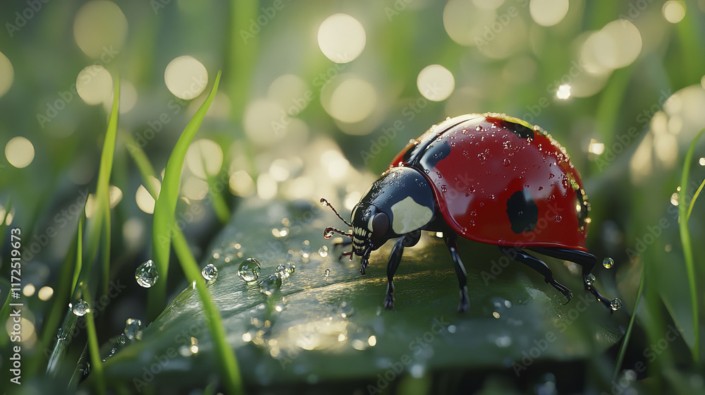 Obraz premium close up of red ladybug on rain covered leaf, showcasing nature beauty