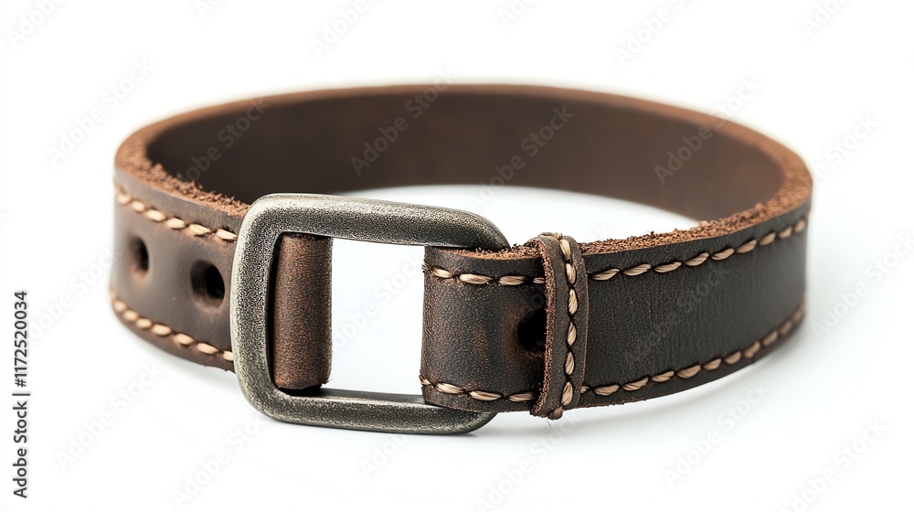 Stylish brown leather belt with a silver buckle on a white isolated background. Stylish brown leather belt with a silver buckle on a white isolated background.