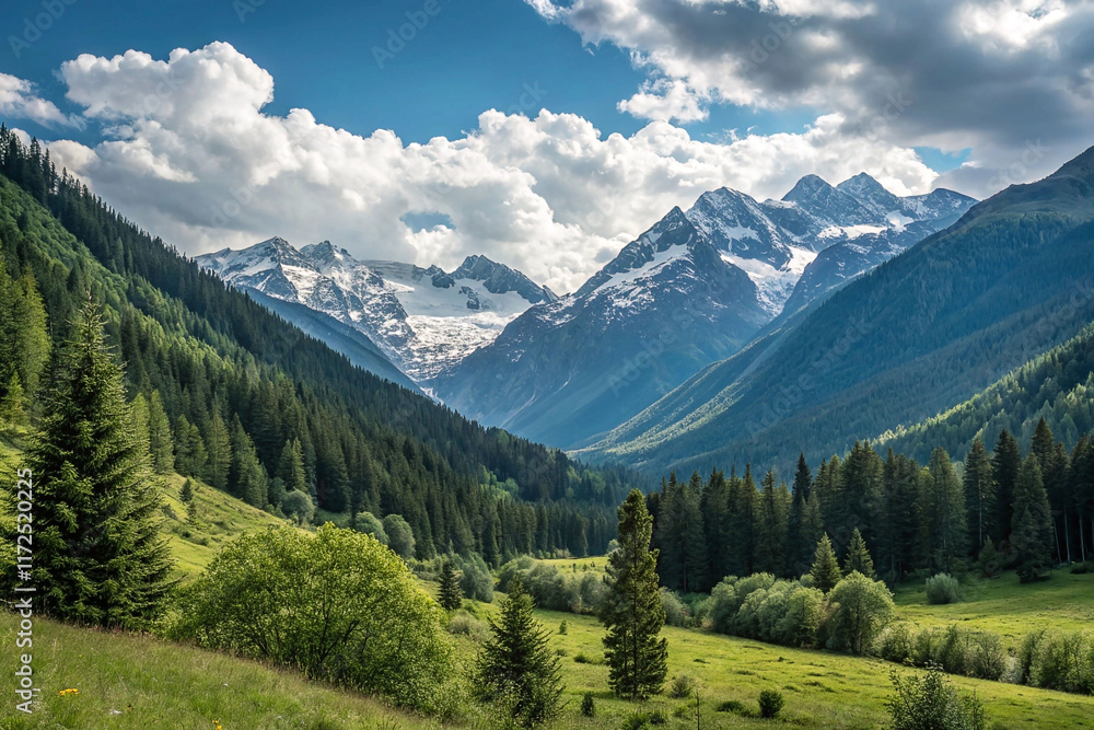 Fototapeta premium Majestic snow-capped mountains rise above a lush green valley.