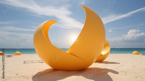 Two large, bright yellow abstract sculptures rest on a pristine beach beside a calm turquoise ocean under a sunny sky. photo