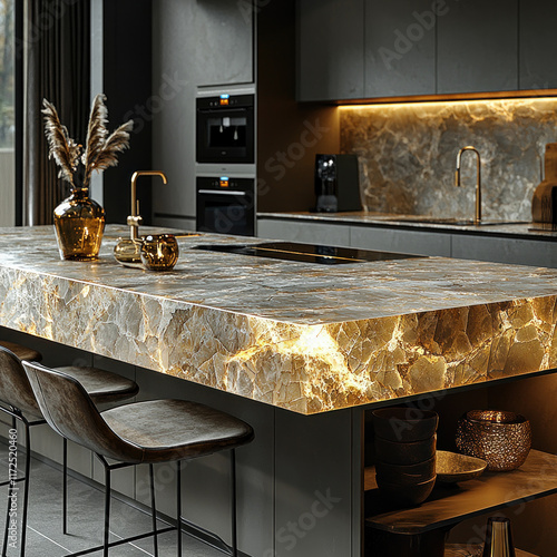 Illuminated onyx kitchen island in modern home, appliances in background, ideal for interior design