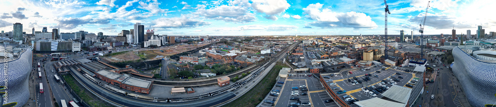 High Angle Ultra Wide Panoramic View of Buildings at Downtown Central Birmingham City of England United Kingdom During Sunset. Aerial View of Was Captured with Drone's Camera on March 30th, 2024 High Angle Ultra Wide Panoramic View of Buildings at Downtown Central Birmingham City of England United Kingdom During Sunset. Aerial View of Was Captured with Drone's Camera on March 30th, 2024